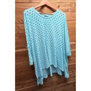 Feather Clothing Womens M/L Blue Eyelet Knit Oversized High Low Top